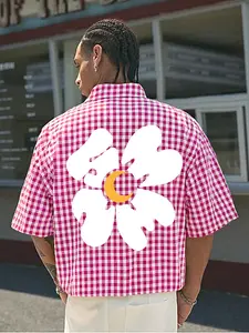 Men's Plaid Checkered Fitted Shirt with Floral Print, Classic Versatile Summer Top for Casual, Street Style, School Commute & Parties
