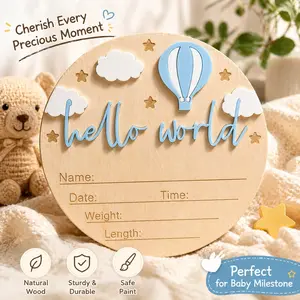 Hello World Wooden Baby Birth Announcement Plaque, Hot Air Balloon Newborn Name Date Weight Height Record Photo Memorial Plate
