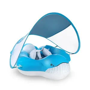 Inflatable Kids Swimming Ring, Blue Whale Water Toy with Sunshade, Float for Indoor Pool Outdoor Beach, Ages 3-6, Summer Fun
