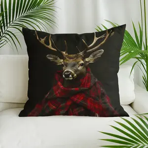 Whimsical deer portrait with a red and black checkered scarf Throw Pillow Cover - Ultra-Soft Short Plush,  Double-Sided Print, Zipper Closure - Perfect for Sofa, Chair, Outdoor & Living Room Decor, Machine Washable, Decorative Pillow