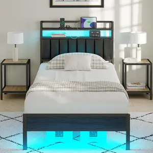 CollaredEagle Twin/Full/Queen Bed Frame with LED Lights, Upholstered Headboard, Charging Station, Storage Shelves, Heavy Duty Metal Slats, No Box Spring Needed, Noise Free, Easy Assembly