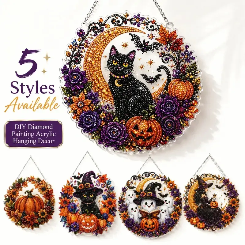 9.84 inches Halloween Diamond Painting Hanging Ornament Kit, Halloween Black Cat Skull Pumpkin Moon Diamond Art Suncatcher, DIY Rhinestone Embroidery Craft Ornament, Indoor Window Wall Hanging Decoration for Halloween Gift