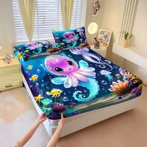 Dreamy Pastel Jellyfish Coral Ocean Print 3‑Piece Fitted Sheet Set, No Filling Included, Skin‑Safe Comfortable Bedding Set, Perfect Gift Bedding for Ocean Lovers, Teen, Kids Holiday Guest Bedroom