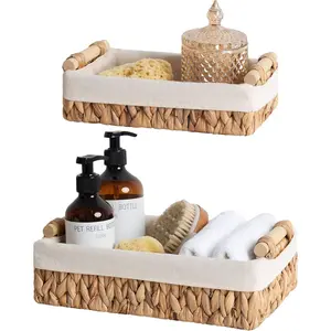 Small Wicker Baskets for Organizing, Decorative Water Hyacinth Storage Baskets for Shelves, Toilet Paper Storage Baskets for Bathroom, Living Room, EntryWay, Set of 2