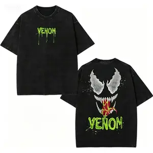 Women's Venom Symbiote Retro Hero Print T-Shirt - Distressed Vintage Acid-Washed Heavy Cotton Oversized Short-Sleeve Round Neck Fabric Top, Loose-Fit Dark Comic Hip Hop Streetwear Casual Unisex