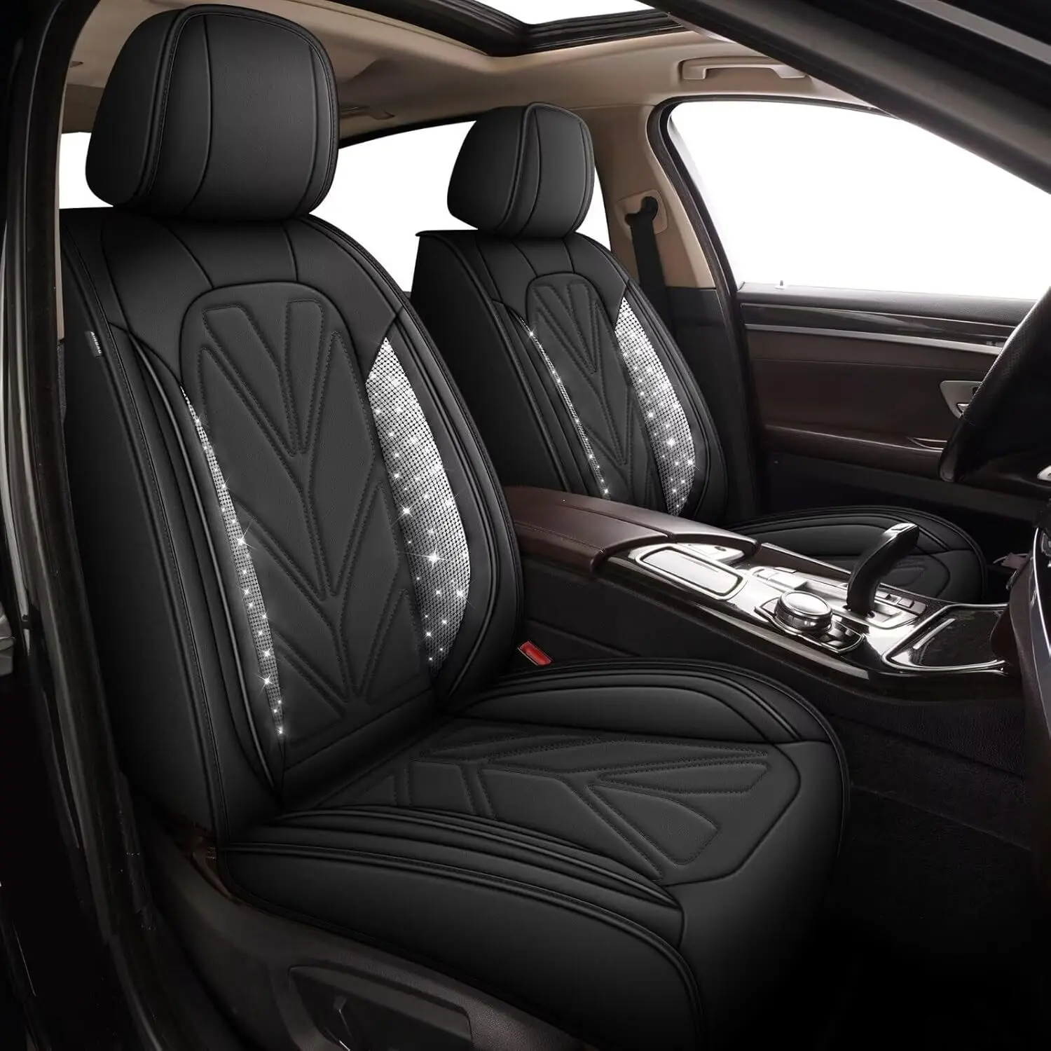 Bling Diamond Leather Car Seat Covers Fit for Mitsubishi Outlander 2007-2025：Full Seats Waterproof Seat Covers Automotive Seat Protectors (Black,5 Seats), Full Seat Coverage, Leather Material