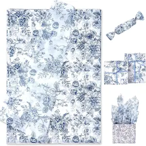 120 Sheets 14 x 20 Inch Blue Floral Vintage Chinoiserie Tissue Paper Patterned Bulk Gift Wrapping Paper for Baby Shower Wedding Birthday Party Decor