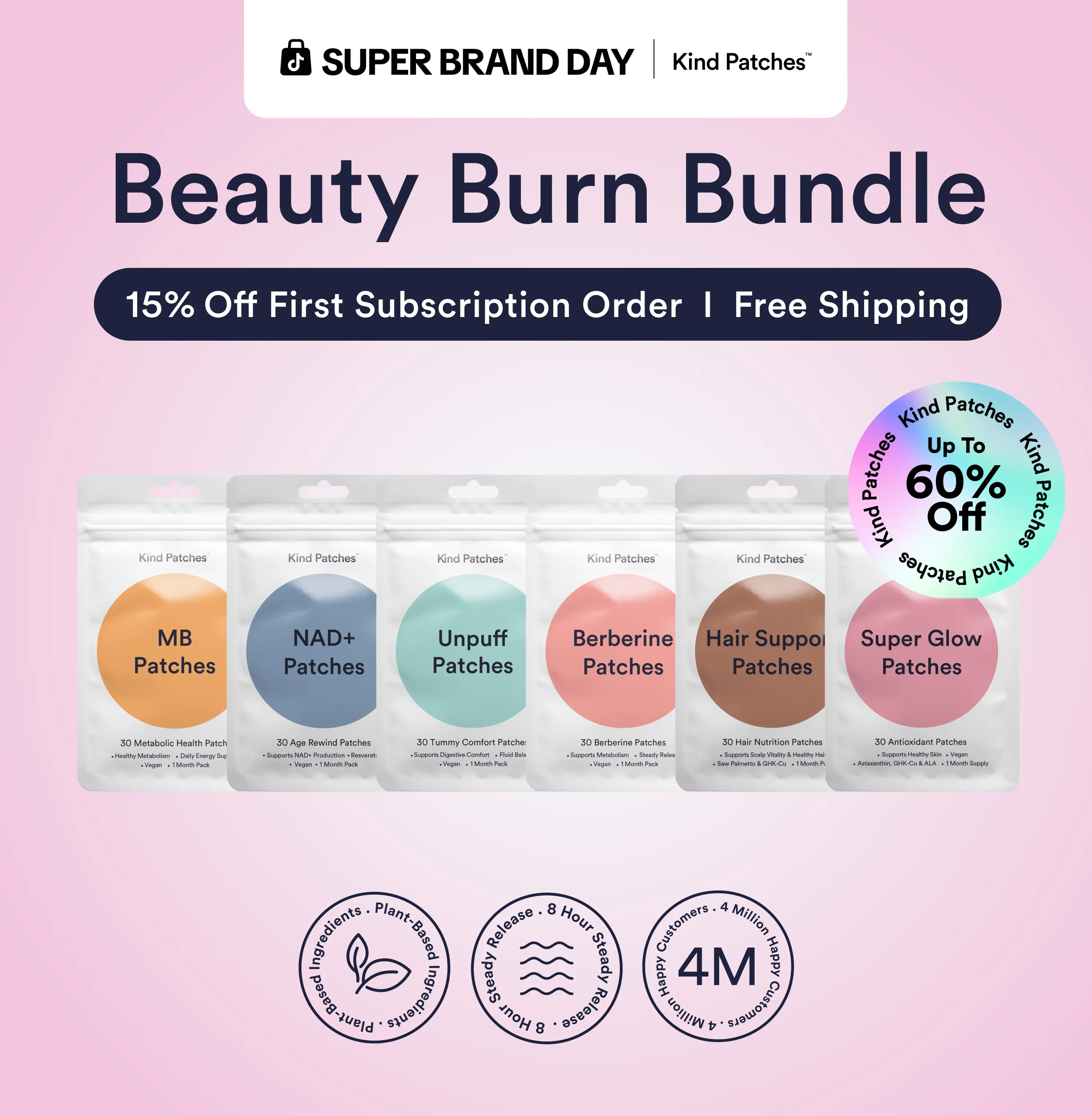 Kind Patches Beauty Burn Bundle: 30 MB + 30 Berberine + 30 Unpuff + 30 Super Glow + 30 Hair Support + 30 NAD+ Pacthes, Metabolic Balance & Digestive Health, Beauty Vitality & NAD+ Production Support, Natural Ingredients