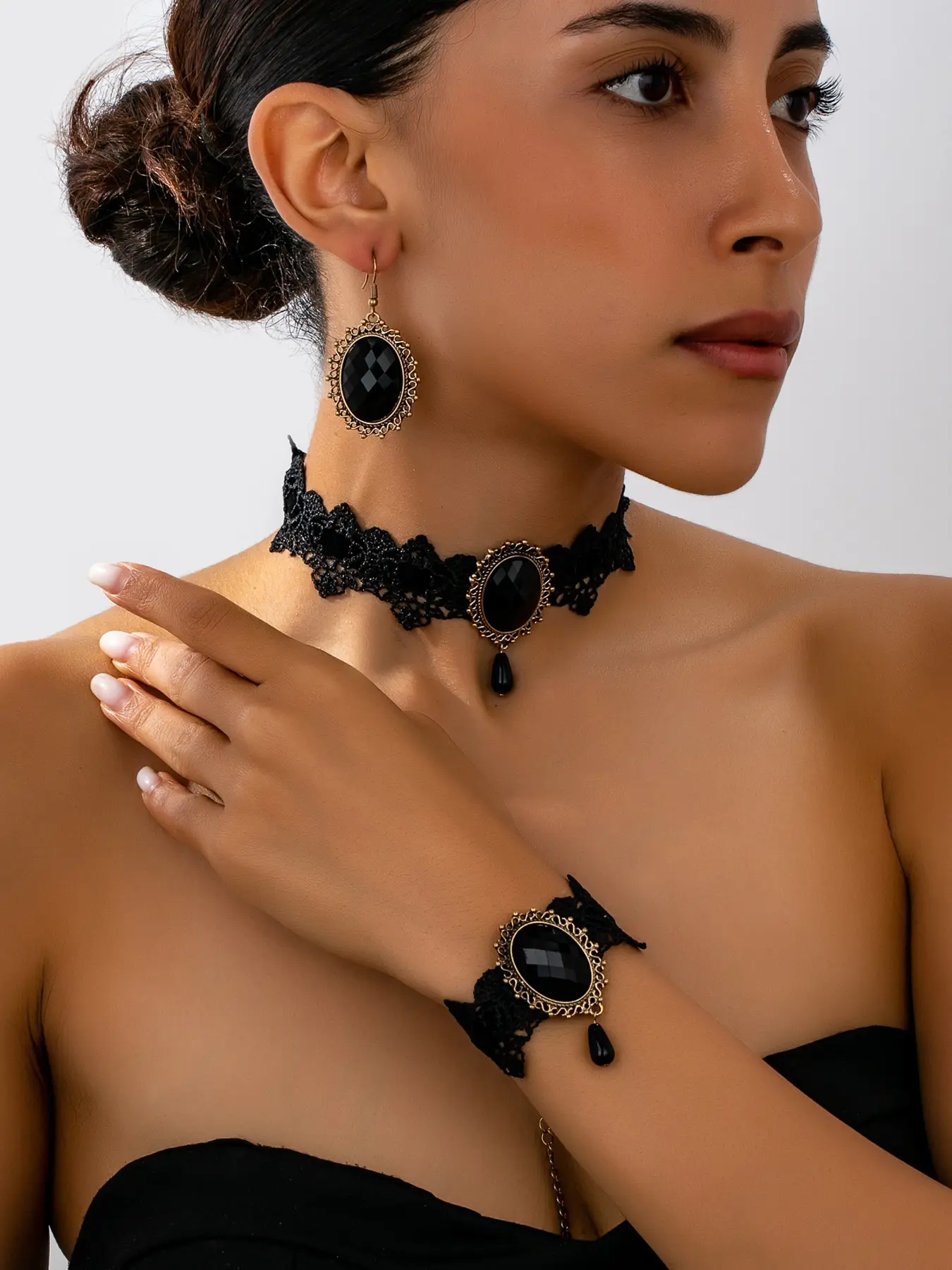 Halloween Party Lace Gothic Fashion Line Flower Hollow Ellipse Pendant Necklace Earrings Bracelet Set, Unique Style Jewelry, Fashionable Jewelry Set, Vintage Jewelry Set, Jewelry Gift Set, Jewellery Gift Set