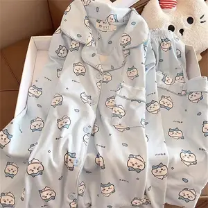 Usagi Chiikawa Pajamas Set Women Autumn Winter Fleece Thickened Warm Kawaii Loungewear Home Sleepwear for Girls Students Gift