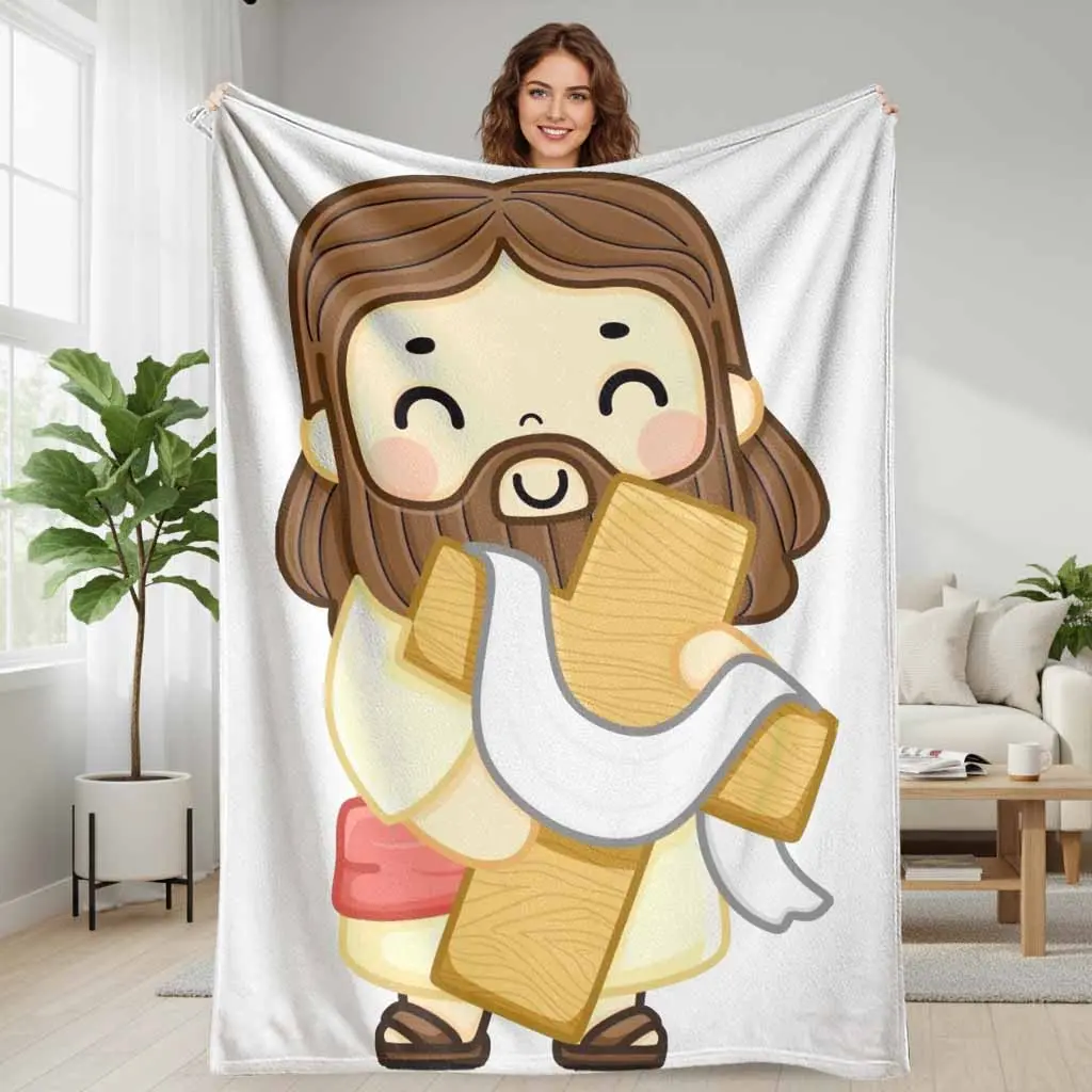 Traditional Jesus Flannel Fleece Throw Blanket - Polyester Fiber, Christian Print Cross Pattern, Super Soft Lightweight Plush, Multi-Size, All Seasons, Living Room Decor, Christian Festival Gift, General Use for Adults, Flannel Print Blanket
