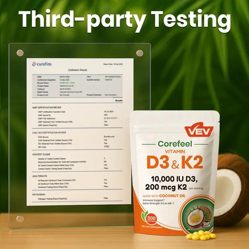 VEV 2-in-1 Vitamin Supplement D3 10000 IU & K2 200 mcg with Virgin Coconut Oil 300 Softgels for Immune Support Extra Strength MK-7