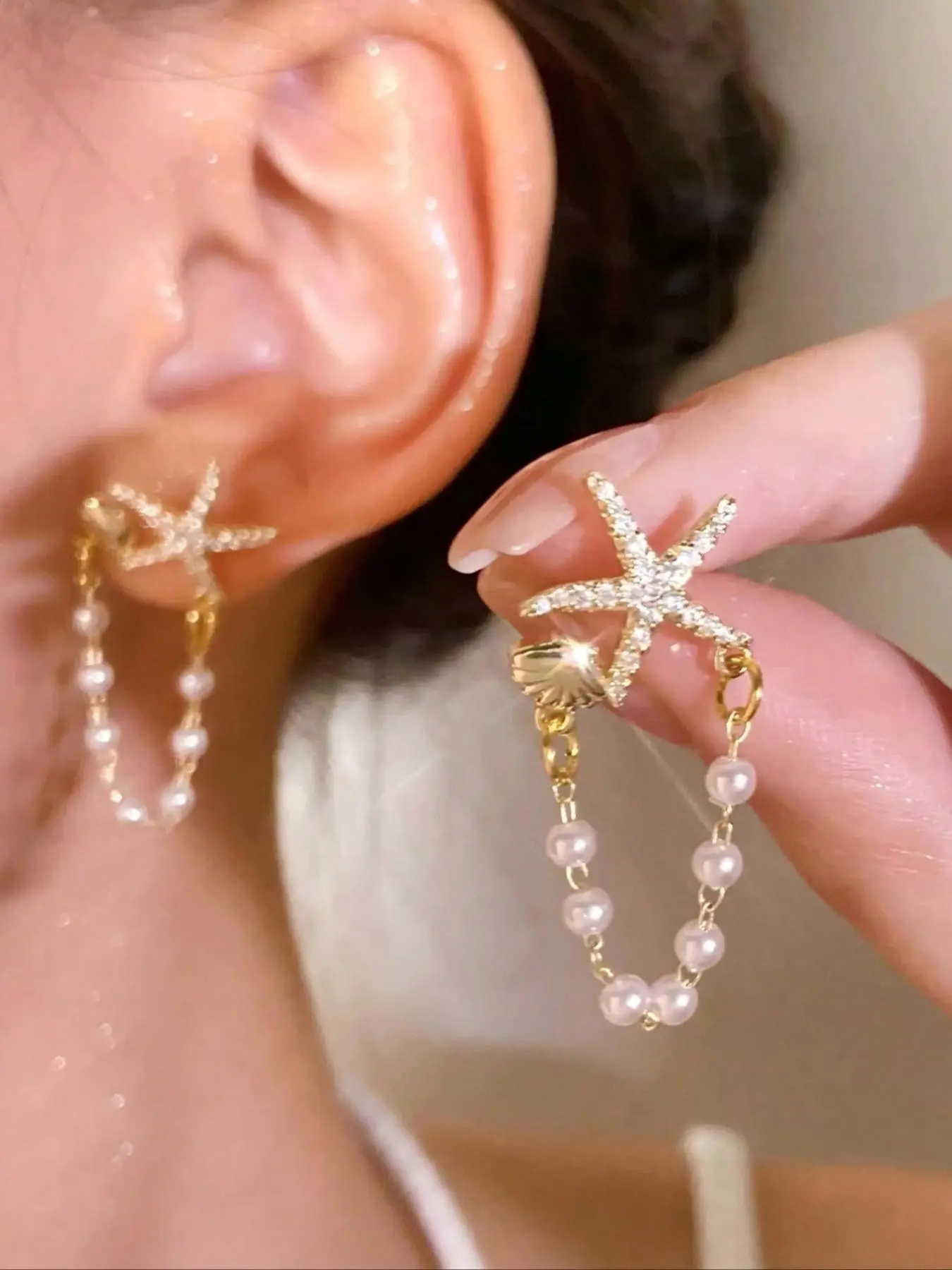 Starfish Fringe Pearl Studs Earrings, Oceanic Water Drilled Shell Pearl Earrings, Unique Vacation Party Jewelry, Pair of Elegant Accessories, High Quality Earrings