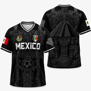 Mexico 2026 Soccer Jersey for Men, White & Red Retro Football Shirt with Virgin of Guadalupe, Sugar Skull & Aztec Calendar V-Neck Design