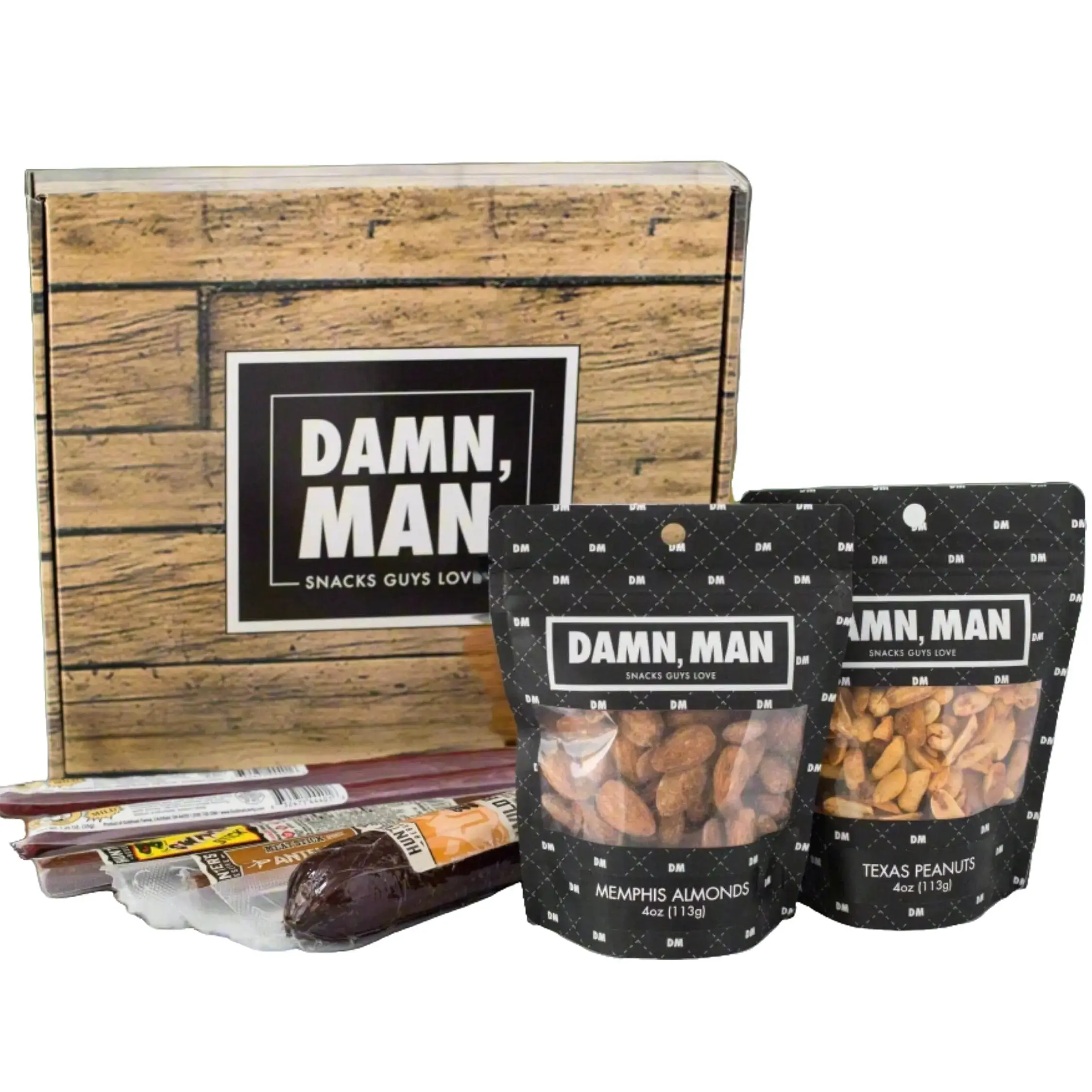 Damn, Man Nuts & Exotic Meats Gift Box - Wild Sausages BBQ Nut Snacks with Wild Boar Summer Sausage, Beef Sticks, Antelope & Pork Stick, Alligator & Pork Stick, Memphis BBQ Almonds, Texas BBQ Peanuts