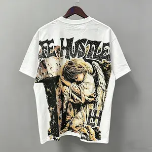 Praying Angel Shining Diamond Cotton T Shirt Oversized Graphic Tee Crew Neck Loose Fit Streetwear Summer Outfit Unisex Top TikTok Viral Trend Y2K Hip Hop Urban Casual High Street Fashion Tee