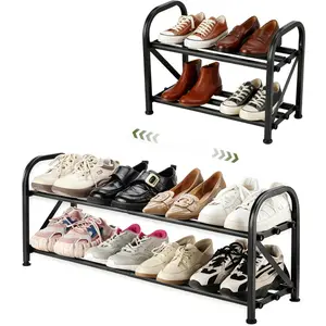 2-Tier Shoe Rack for Closet, 16"-32" Expandable ShoeRack, Adjustable for Entryway Closet Doorway SturdyMetal, Black