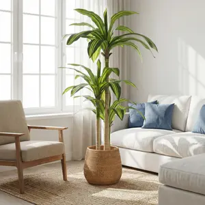 5FT Lifelike Faux Dracaena Tree, Plastic Potted Artificial Tropical Floor Plant with Nursery Basket, Indoor Decor for Boho Home & Office,summervibes
