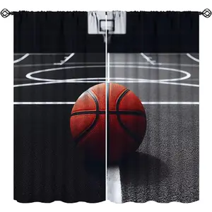Sport Basketball Curtains for Boys Bedroom, Black White Basketball Court Games Competition Theme Window Curtains for Boys Girls Teens Play Room Living Room, 42x45in (No Blackout)