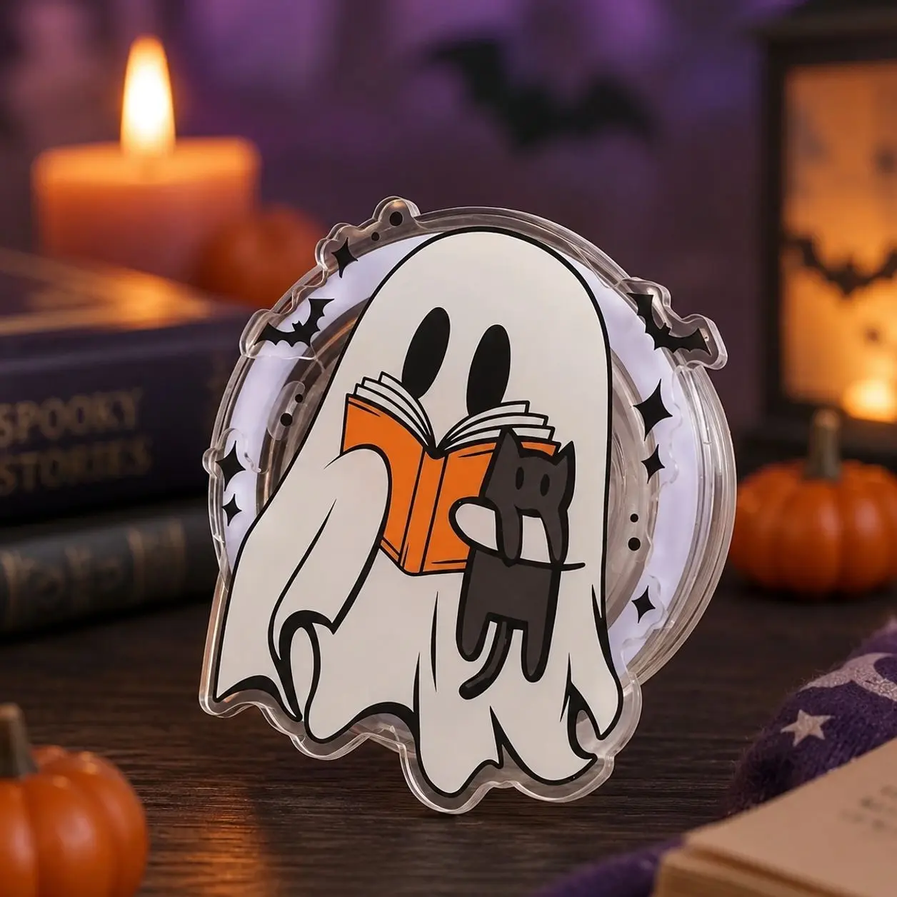 Ghost Holding Book and Cat MagSafe Phone Grip: Halloween Cute Bookish Ghost with Cat , Spooky Magnetic Phone Holder