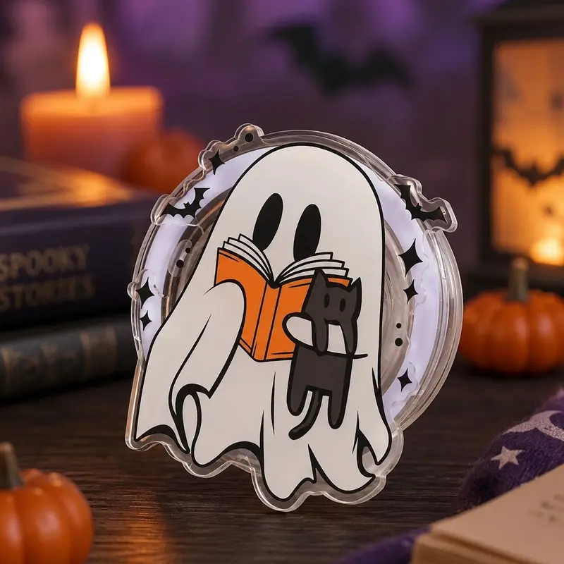 Ghost Holding Book and Cat MagSafe Phone Grip: Halloween Cute Bookish Ghost with Cat , Spooky Magnetic Phone Holder