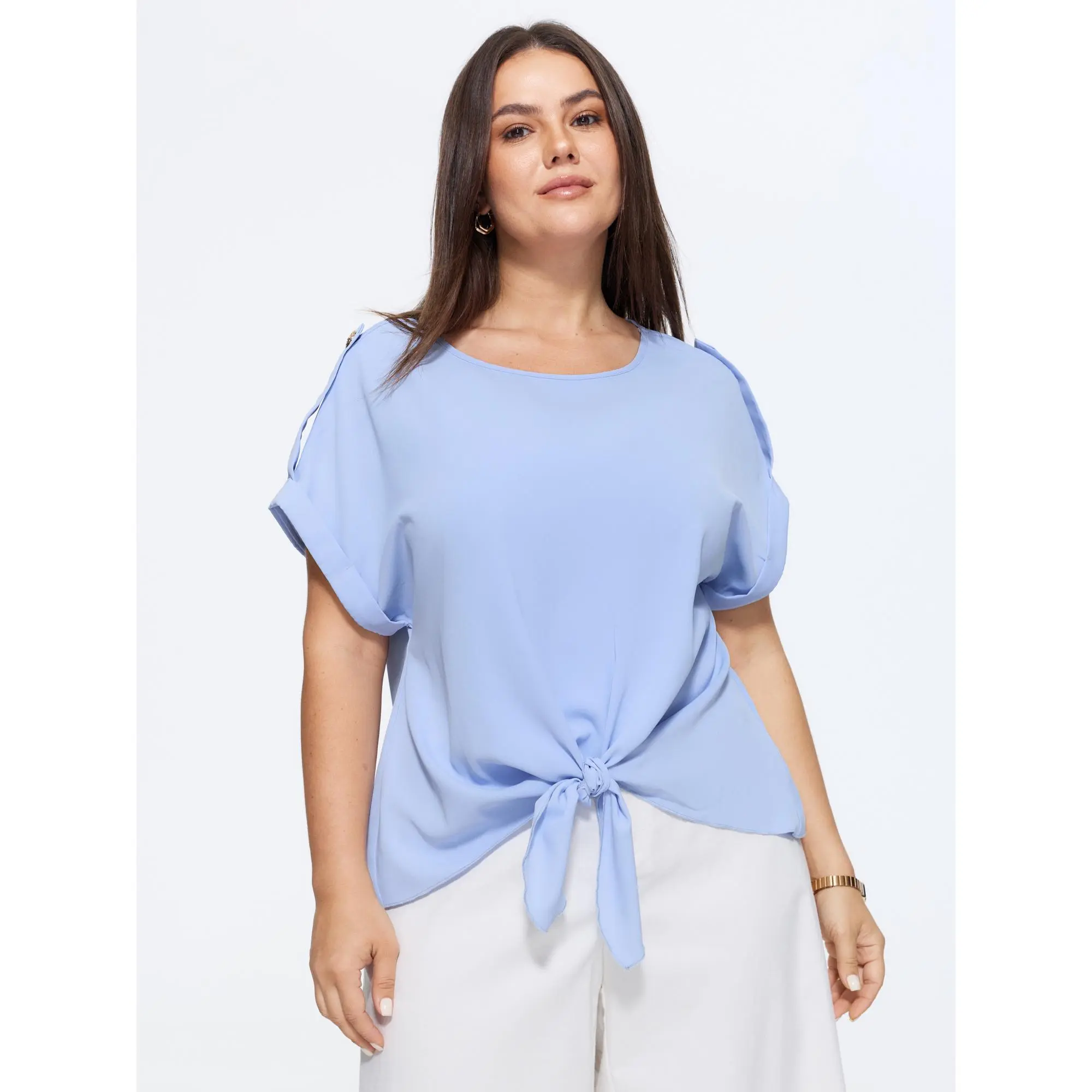 BLOOMCHIC Plus Size Shoulder Button Detail Knotted Front Plain Blouse [M-6X]2026 Summeroutfits,Vacationoutfits,Summerfinds