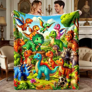 Colorful Cartoon Dinosaur Print Flannel Blanket, Comfortable Warm Durable, Ideal for Sofa Office Bed Camping Travel, Perfect Holiday Gift