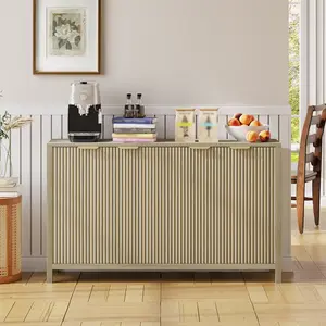 Fluted Sideboard Buffet Cabinet, 55" Large Coffee Bar Cabinets with Storage, Wooden Accent Cabinet with 4-Door & Adjustable Shelves