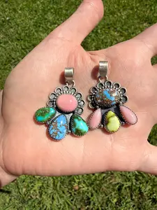 Pink Conch, Golden Hills, Palomino, or Sonoran Gold Turquoise Flower Half Cluster Sterling Silver Pendant