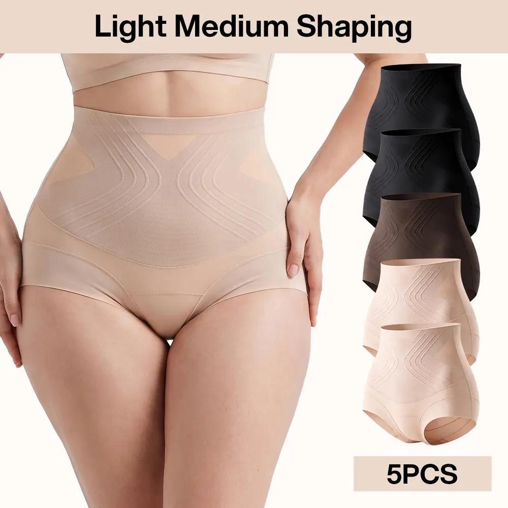 LILYLOVE Women's 5-Pack High Waisted Light Shaping Panties - Liquid-Sculpt Jelly Strip Support Briefs - Light Medium Shaping Breathable Underwear, Smooth Fit Everyday Shaper Knickers Set