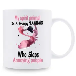 1pc 11oz ceramic mug. White with black handles. Funny quote: "My spirit animal is a grumpy flamingo who slaps annoying people." Dishwasher safe. Perfect gift for holidays, birthdays, or home decor
