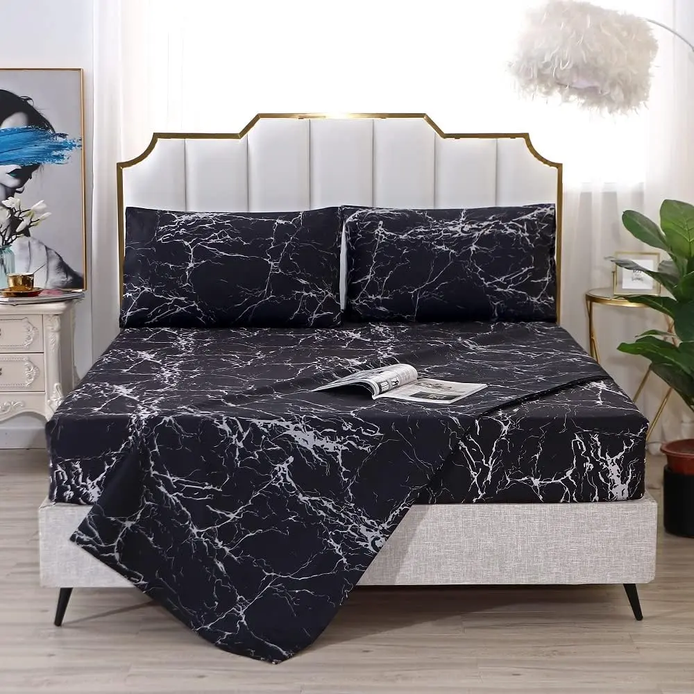 3Pcs Marble Bedding Sheet Set Included 1 Fitted Sheet with 2 Pillowcases, 14 Inches Deep (Queen, Black)