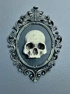 Ornate Victorian Black, Gold and Bone colored Gothic Skull Frame Halloween Hanging Wall Décor