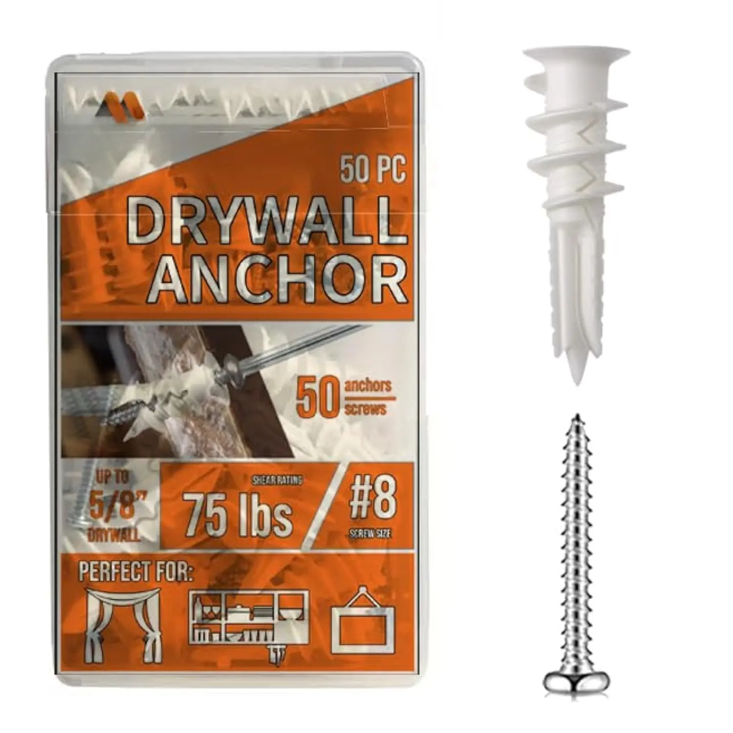 50 Ribbed Plastic Drywall Anchors with 50 #8 Pan Head Self-Drilling Screws - #8 Screw Size, For Gypsum/Drywall, Floating Shelves - Holds Up to 75 lbs/34 kg - Tools & Hardware Fasteners, Pan Head Screws