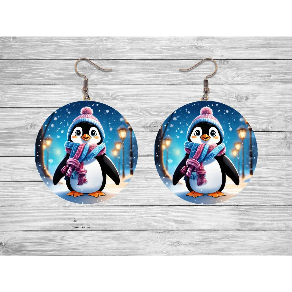 Winter Penguin Round Earrings