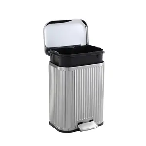 Versatile Fluted Step Trash Can – Stainless Steel, Soft-Close Lid, Removable Inner Bucket, Rectangular Recycling Bin for Home, Office, Living Room, Modern Design