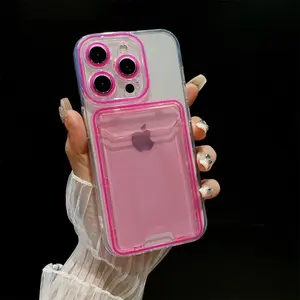 Luxury Card Holder Transparent Case for iPhone 15 14 13 16 17 Pro Max Air Plus Double Color Wallet Soft Shockproof Cover