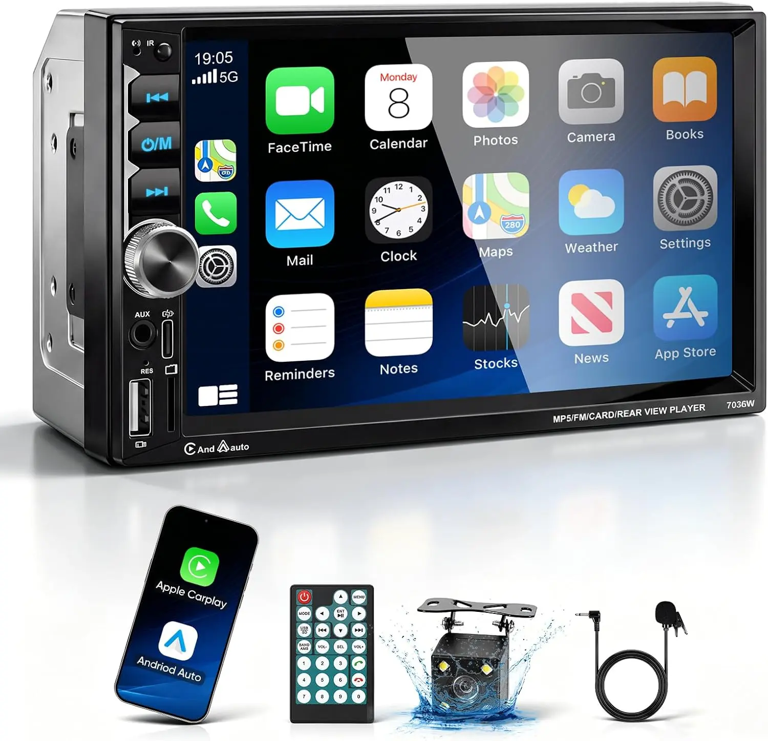 Double Din Car Stereo Wireless CarPlay Android Auto 7" HD Touch |   Bluetooth 5.2,Night vision backup camera,Fast charging,SWC,MirrorLink,FM radio,Voice control,Hands-free calls,