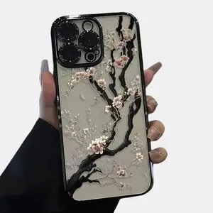 White Cherry Blossom Pattern Phone Case for iPhone 16 15 Pro Max 14 13 12 11 XR XS Plus with Electroplated Camera Lens Protection Shockproof Non-Slip Transparent TPU Case