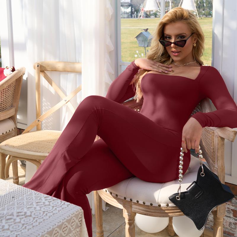 HYZ Women's Fall Long Sleeve Square Neck Wide Leg Yoga Party Daily One Piece Jumpsuit Womenswear Overalls Nylon Comfort