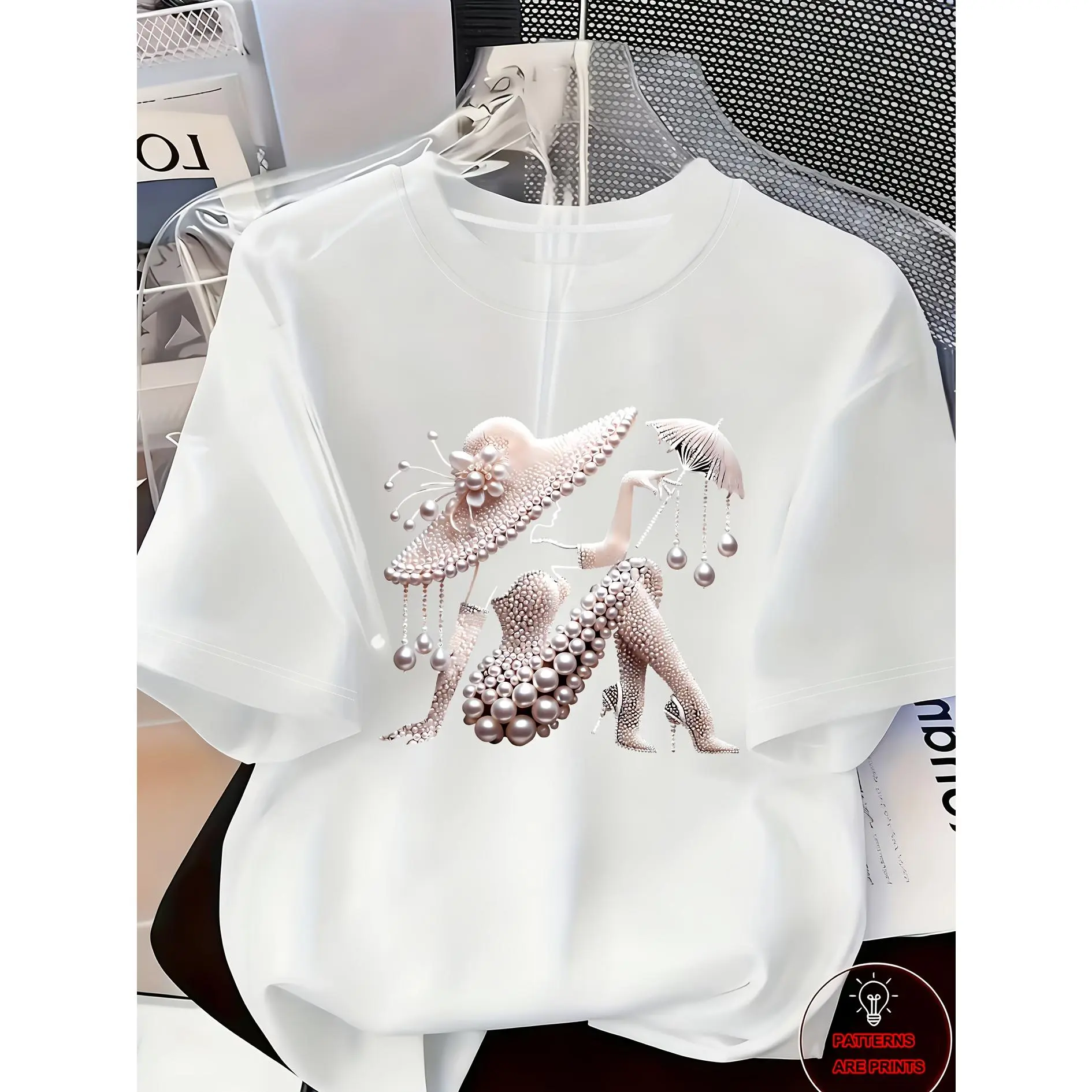 Women's Graphic Round Neck Short-Sleeve T-Shirt - Minimalist Light Luxury High-End, Breathable Knit Polyester Fabric, Pearl Diamond Jewelry Accent, Spring Summer Casual Top, Tshirt