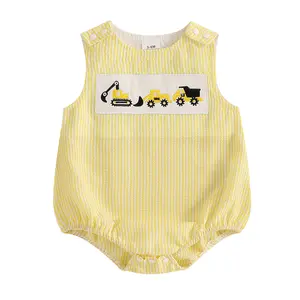 Newborn Baby Boy Summer Clothes Construction Excavator Embroidery Stripes Sleeveless Seersucker Bubble Romper Onesie Bodysuit