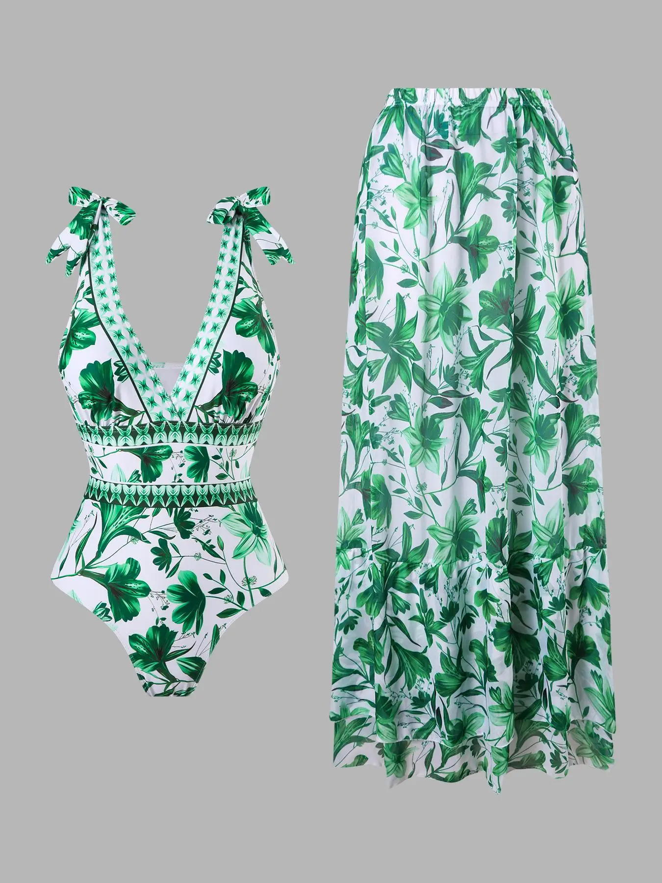 Women's All Over Floral Print Tie Shoulder Backless One-Piece Swimsuit & Layered Ruffle Hem Cover Up Skirt Set, swimsuit cover ups, Bathing suit cover ups, Swimwear Set for Beach Holiday Vacation, Ladies Swimsuit