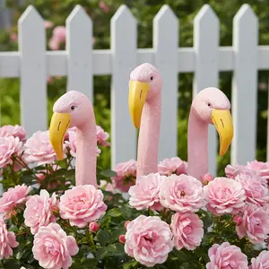 Flamingo Garden Stake Set, Unique Large Head Plant Decor, Tropical Lawn and Path Decoration, Weather Resistant Floral Display