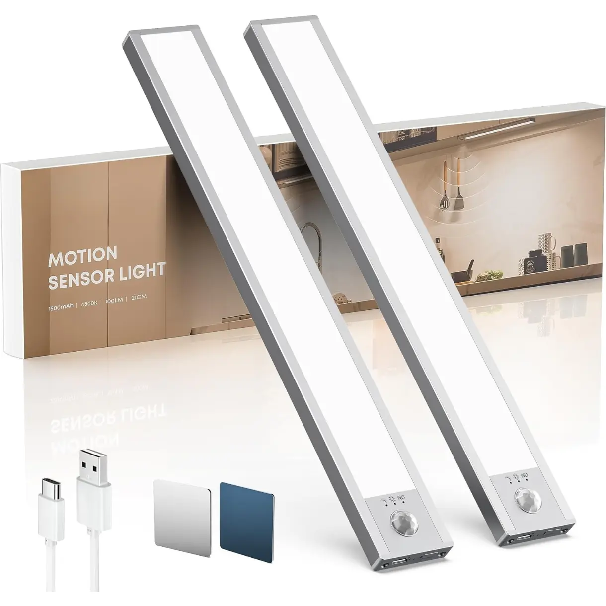 2 Pack Under Cabinet Lighting Wireless,  8.3 inch 1500mAh 6500K Dimmable Motion Sensor Light Indoor, Rechargeable LED Under Counter Lights for Kitchen, Shelf, Stairs, Closet