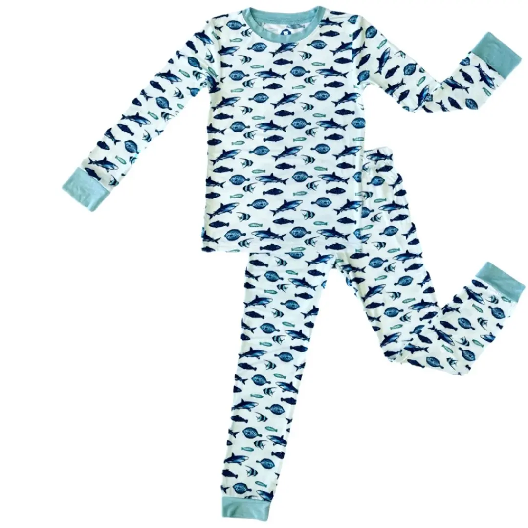 Zip N' Bear Bamboo Pajama Set Buttery Soft 2 Piece PJs for Boys Kardashian Favorite - Fin Frenzy (3 Free Underwear)