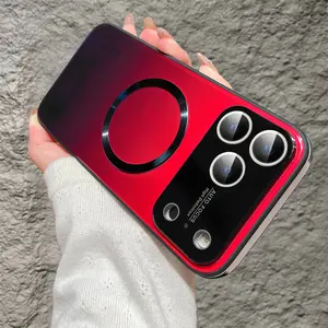 Compatible with iPhone 17 Pro Max 17 Air 16 15 14 13 12 Case Magnetic Gradient Case with Full Camera Lens Protector [Compatible with MagSafe] Scratch Resistant Gradient Glass Back Cover Phone Case (Red)