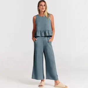 Women's 2-Piece Loose Fitting Plus Size Lounge Set Lady's Women's Clothes, Quarte-Zip Pullover Top, Wide Leg Pants Casual Sweatsuit Outfit, Minimalist, Basic2026 Summer Women's Sleeveless Pleated Tank Top and Wide-Leg Cropped Pants Casual Set