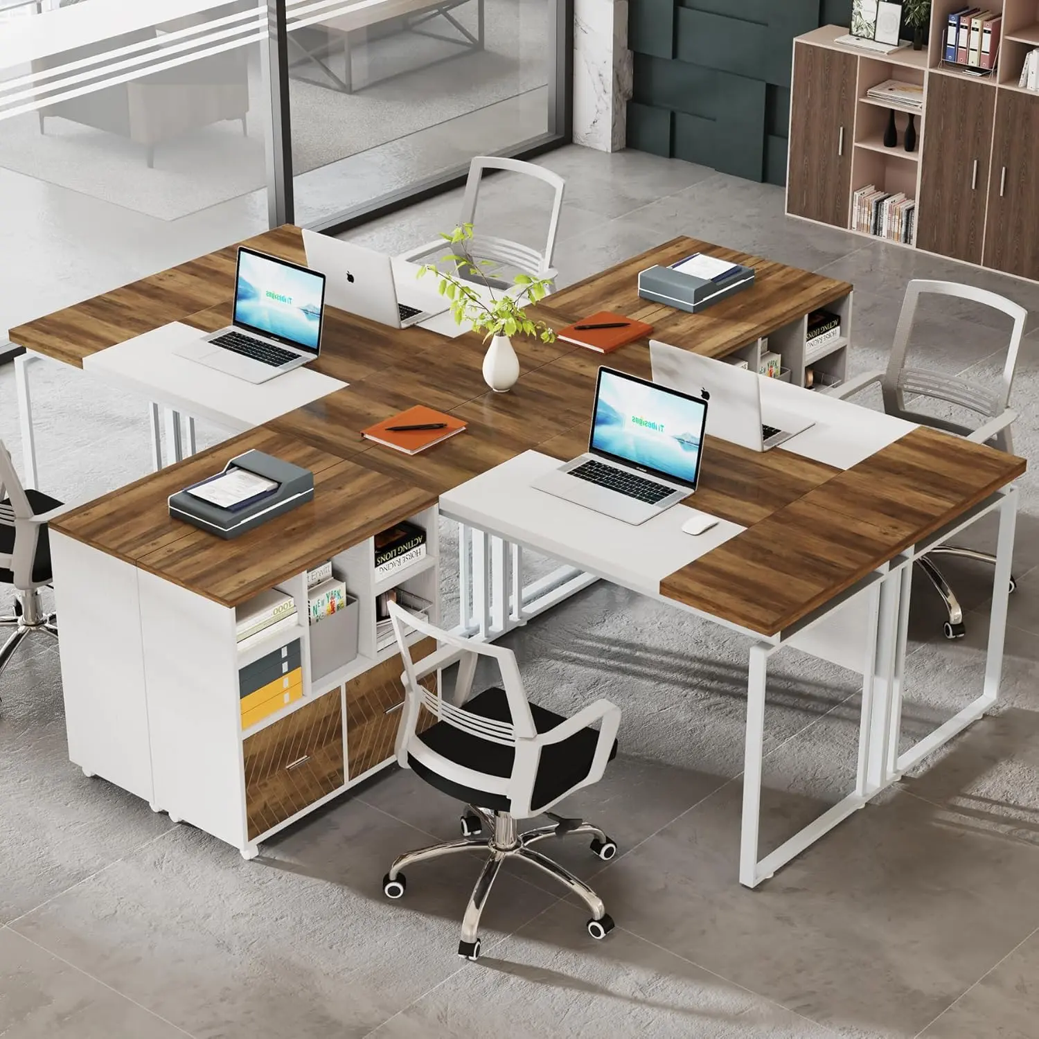 LITTLE TREE Modern L-Shaped Executive Desk with Reversible File Cabinet 63" Office Desk with Storage Drawers Computer Desk Set Two Separate Packages Ample Storage Options