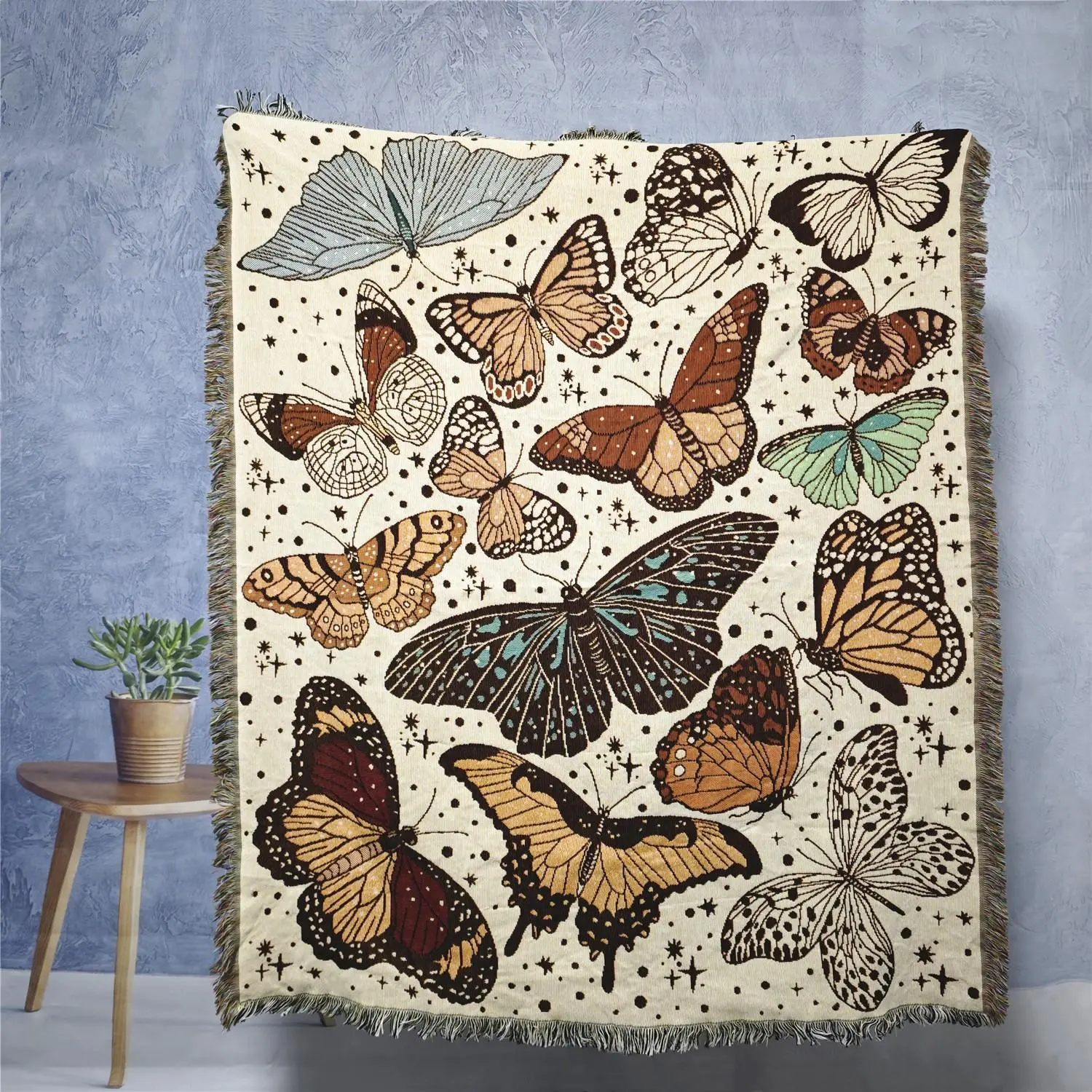 Butterfly Pattern Tassel Throw Blanket, 1 Count Bohemian Style Soft Warm Napping Throw Blanket, Air-conditioned Room Blanket, Warm Nap Blanket for Home Office Travel, Unique Butterfly Pattern